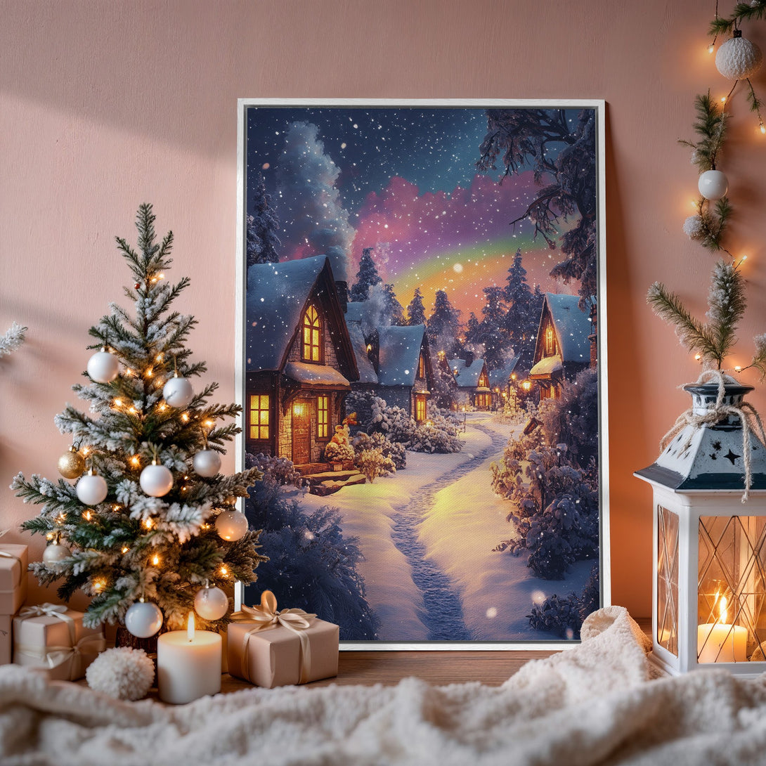 Framed Wall Art: Winter village scene in a cozy, warm palette. Perfect for holiday decor! Canvas Print with a dreamy, snowy landscape.