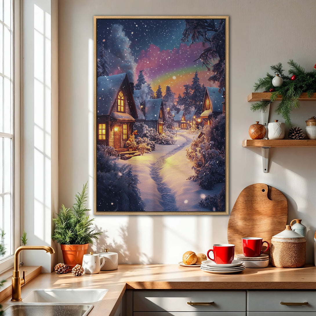 Framed Wall Art: Winter village scene with snow-covered houses, glowing lights, and a colorful sky. Cozy, inviting art with a warm, vibrant color palette.
