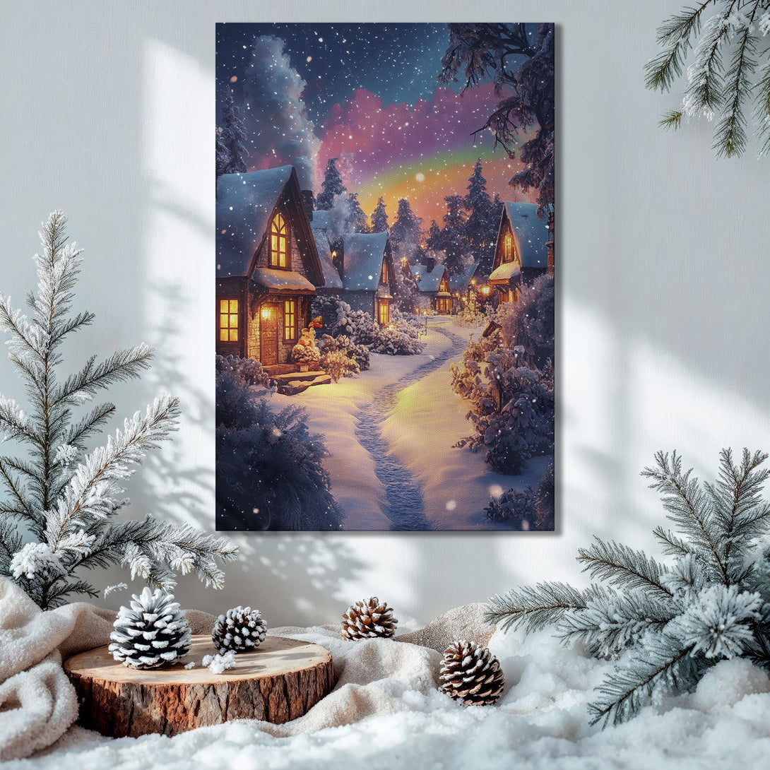 Framed Wall Art: Winter village scene with snowy path. Warm, inviting colors. Perfect holiday decor. Canvas Print for cozy home.