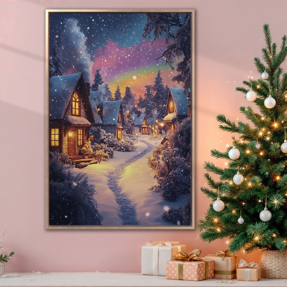 Framed Wall Art: Cozy winter village scene with warm lighting, snowy landscape, and a colorful sky. Perfect for holiday decor. Earthy tones and a touch of magic.