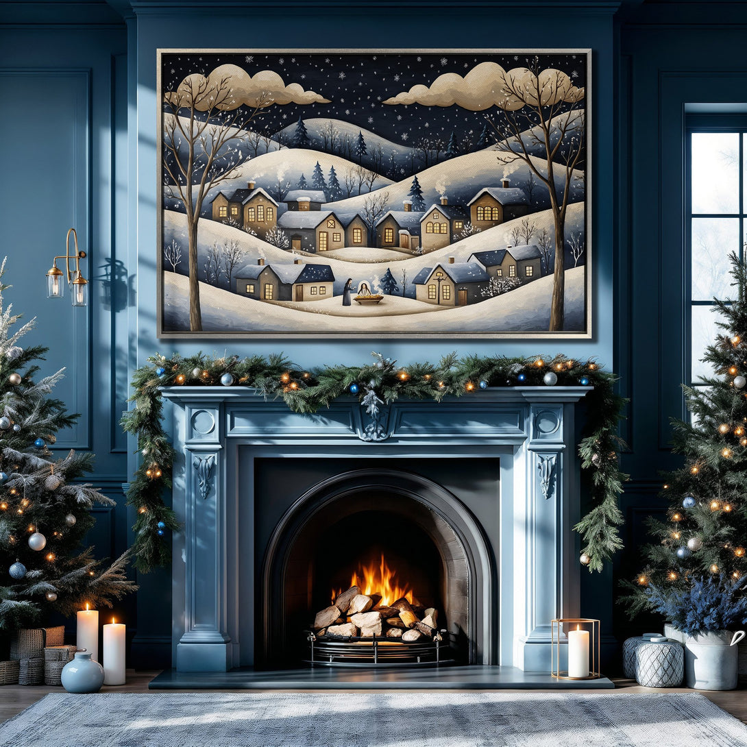 Framed Wall Art featuring a winter village scene in a watercolor style. Soft blues, whites, and warm gold hues create a cozy, inviting atmosphere. Perfect for holiday decor!