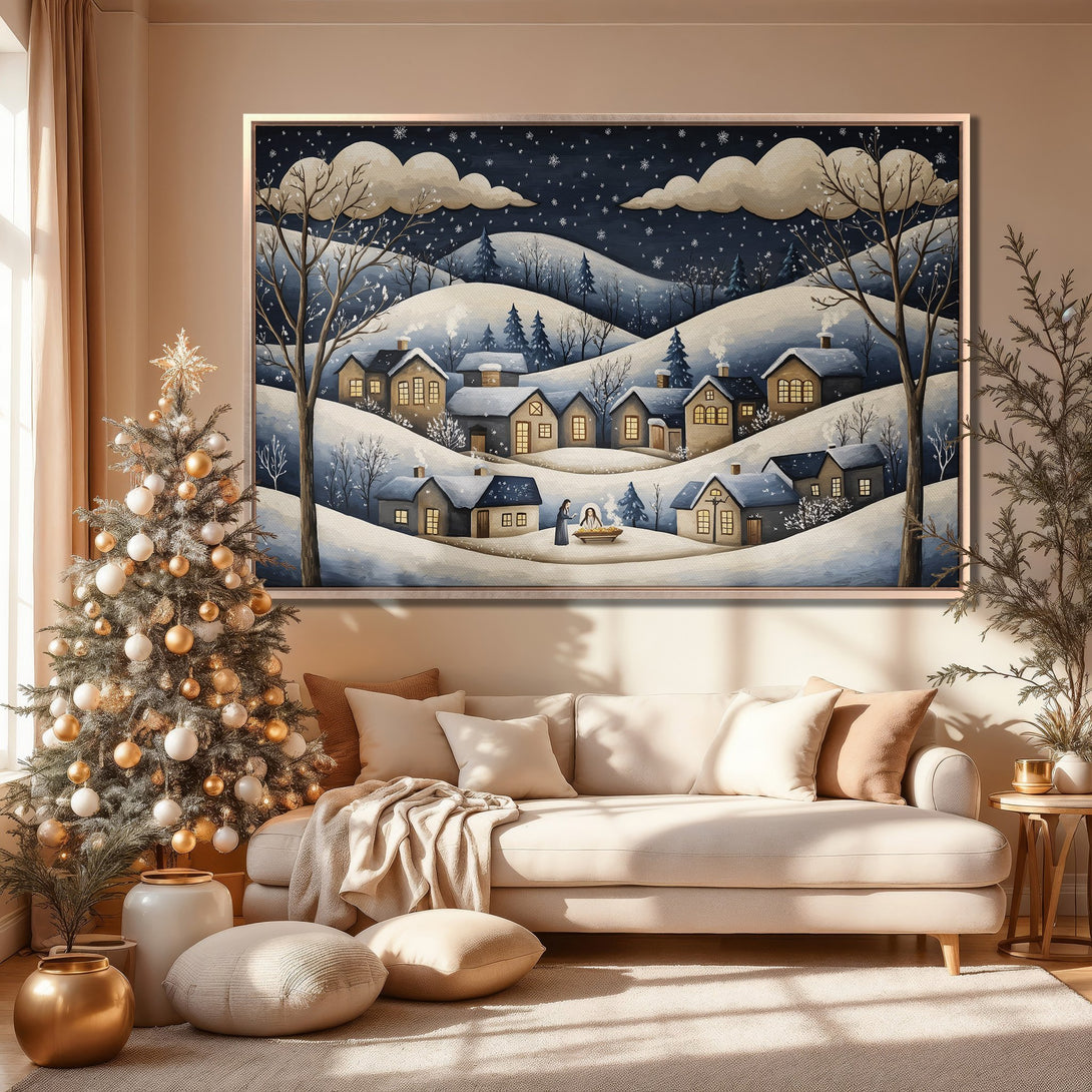 Framed Wall Art: Winter village scene in blue and beige tones. Cozy landscape art for home decor. Perfect for holiday decorating.
