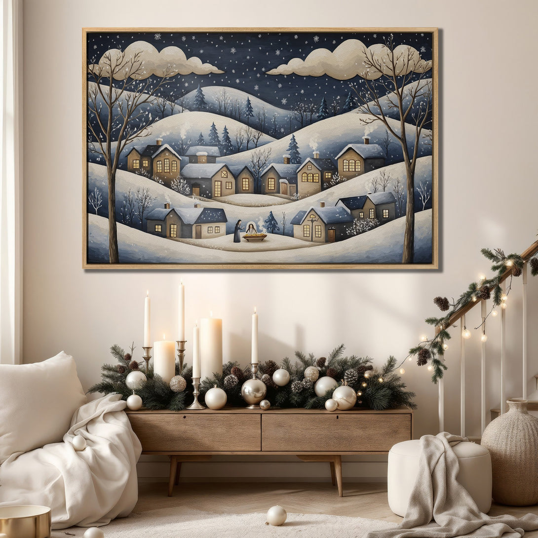 Framed Wall Art of a winter village scene in a cozy interior. Featuring a blue and white color palette, this print adds a touch of winter charm to any space.
