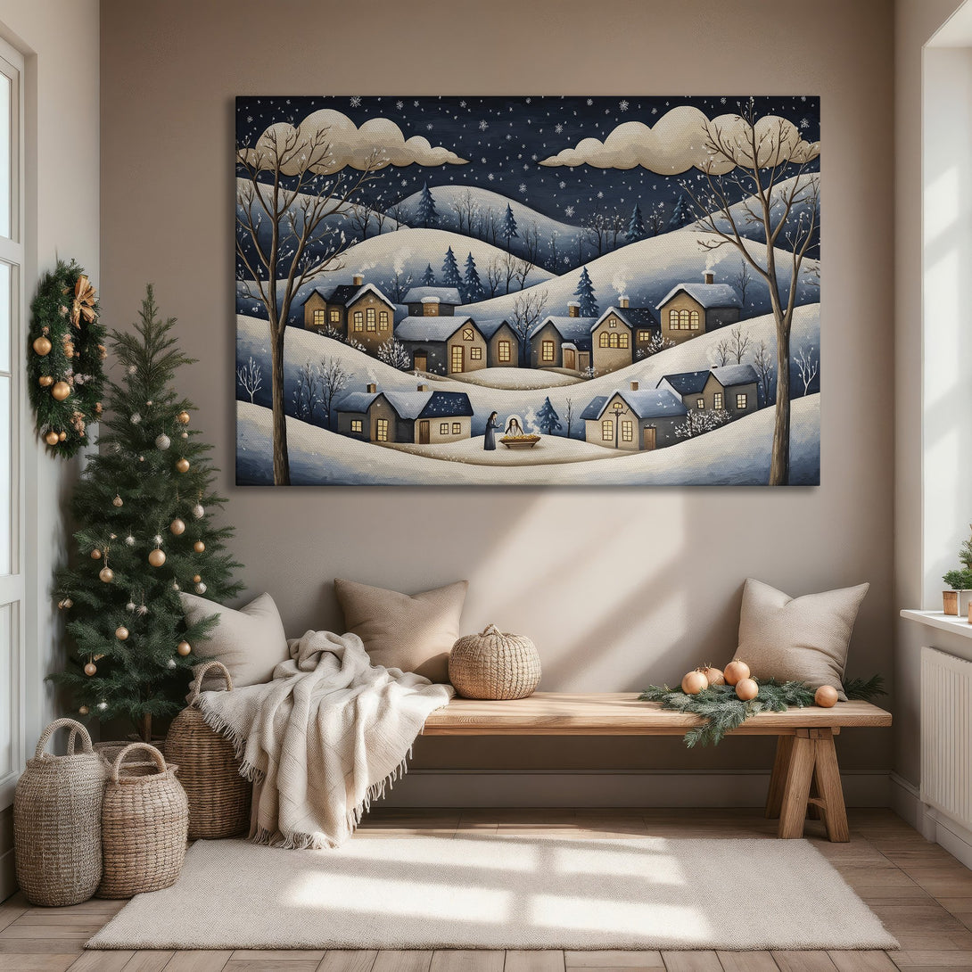 Framed Wall Art: Winter village scene in watercolor style, blue and beige color palette. Perfect for cozy home decor.