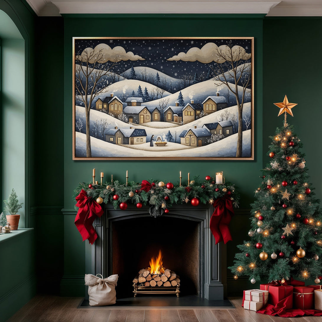 Framed Wall Art: Winter village scene in a cozy interior. Features a snowy landscape with a blue and white color palette, perfect for holiday decor.