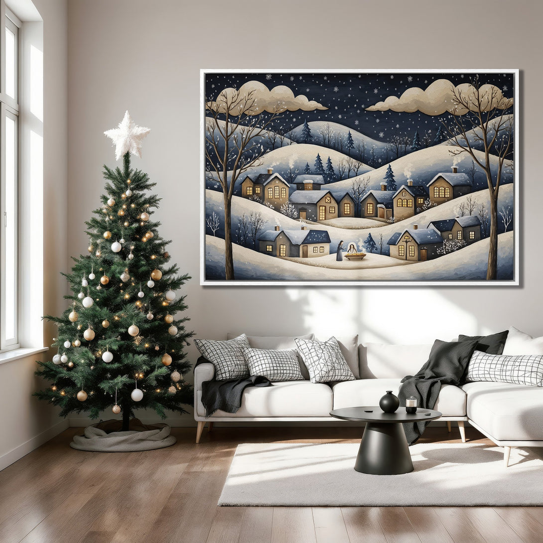 Framed Wall Art: Winter village scene in watercolor style. Blue, gray, and beige color palette. Perfect for cozy holiday decor. Canvas Print available.