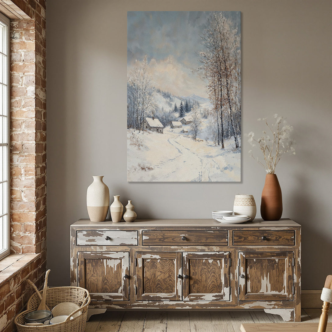 Framed Wall Art: Winter landscape Canvas Print with a snowy scene in a gold frame. Soft blues, whites, and browns create a cozy, serene atmosphere.