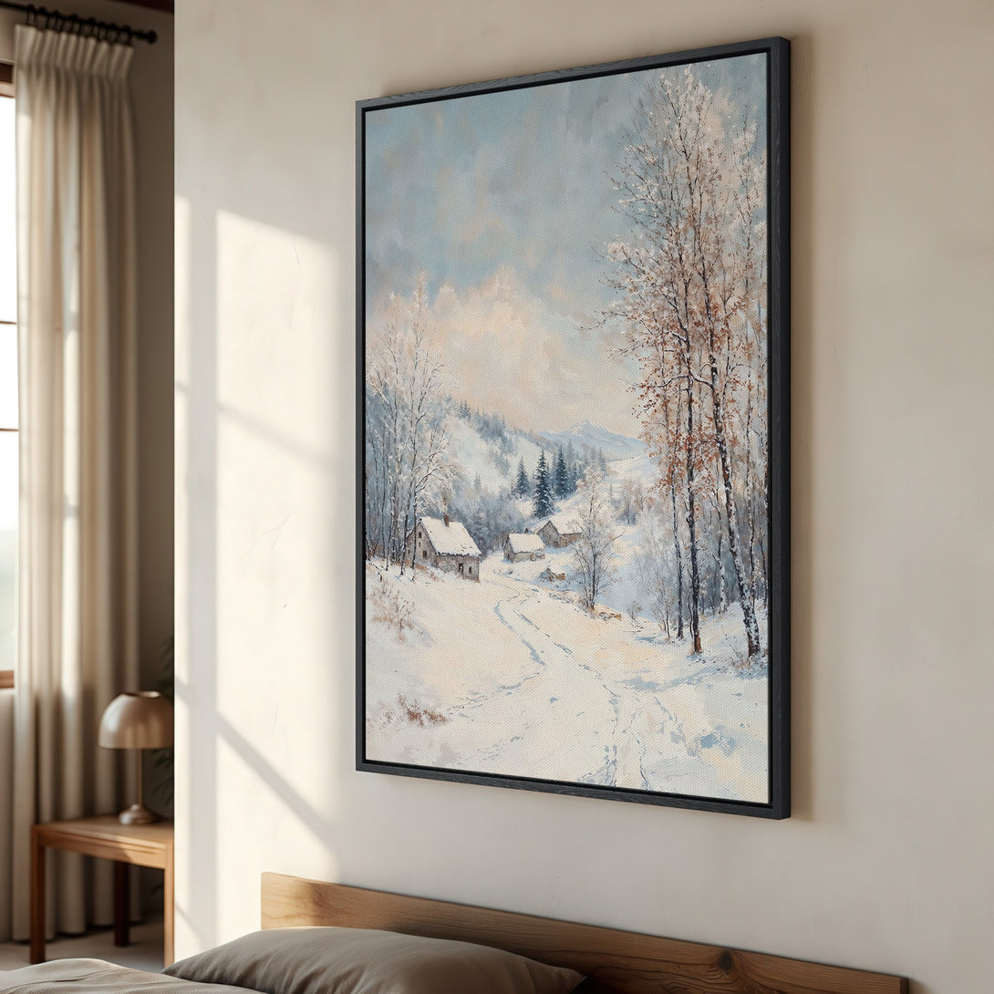 Framed Wall Art: Winter landscape Canvas Print with snowy scene, neutral color palette, perfect for cozy home decor.