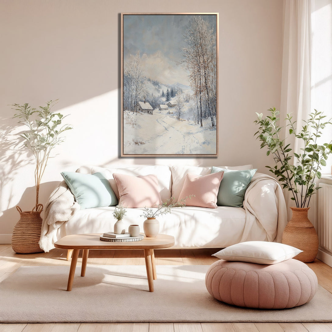 Framed Wall Art: Winter landscape Canvas Print in soft blue and beige tones. Perfect for adding a touch of cozy elegance to your living room.
