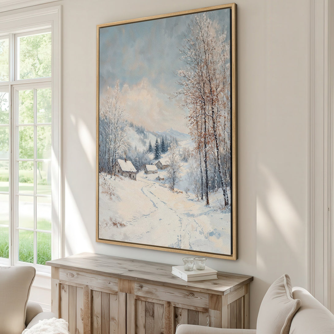 Framed Wall Art: Winter landscape Canvas Print with a serene, snowy scene in cool blues and whites. Perfect for adding a touch of tranquility to your home.