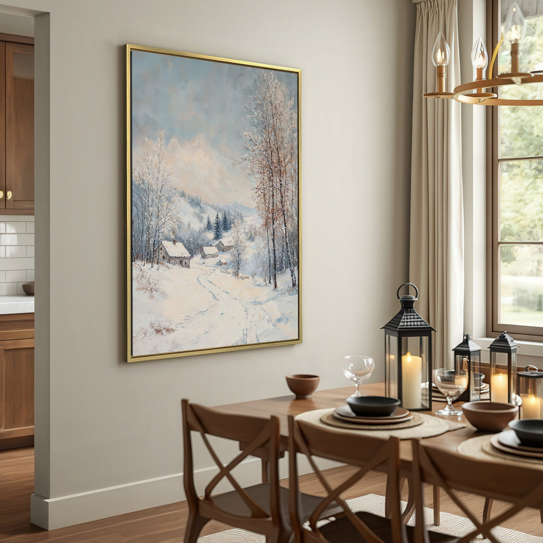 Canvas Print of a serene winter landscape painting in cool blues and whites, perfect for adding a touch of nature to your home.