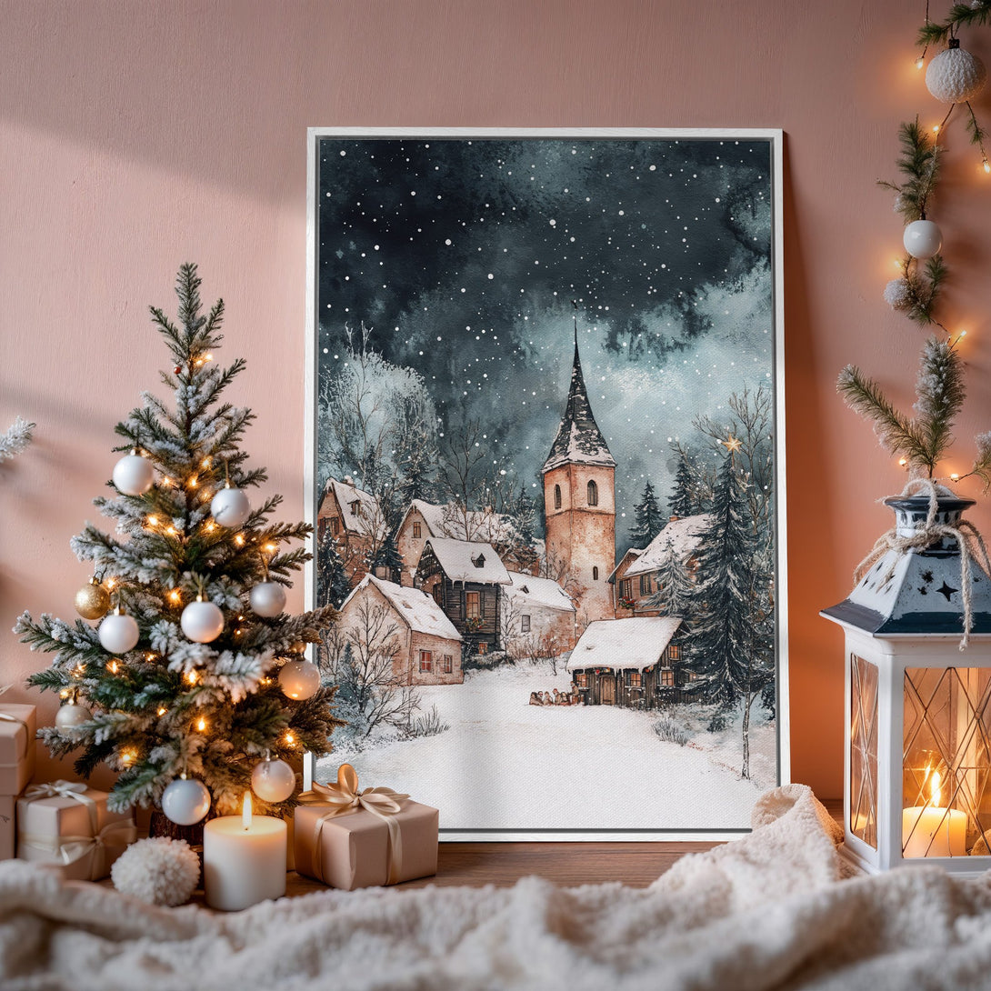 Framed Wall Art: Watercolor winter village scene in cool blues and whites. Cozy Christmas decor with a snowy landscape and festive accents.