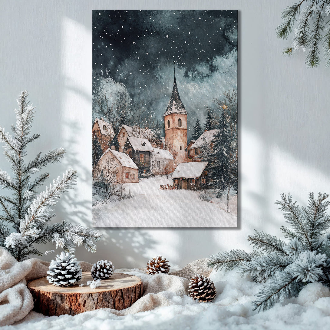 Framed Wall Art: Winter village scene in watercolor style with a blue, white, and brown color palette. Perfect for holiday decor!