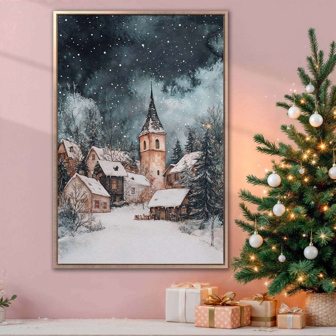 Framed Wall Art: Winter village scene Canvas Print in watercolor style. Features a snowy landscape with a church, in a cool blue and brown palette. Perfect holiday decor!