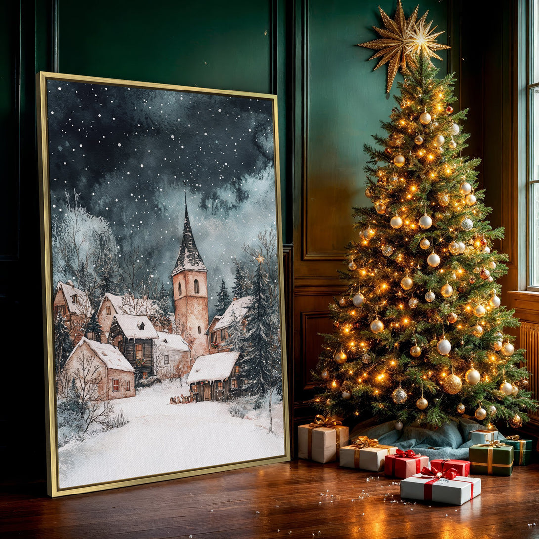 Canvas Print of a snowy village scene in watercolor style, featuring a church. Cool, muted color palette perfect for winter decor.
