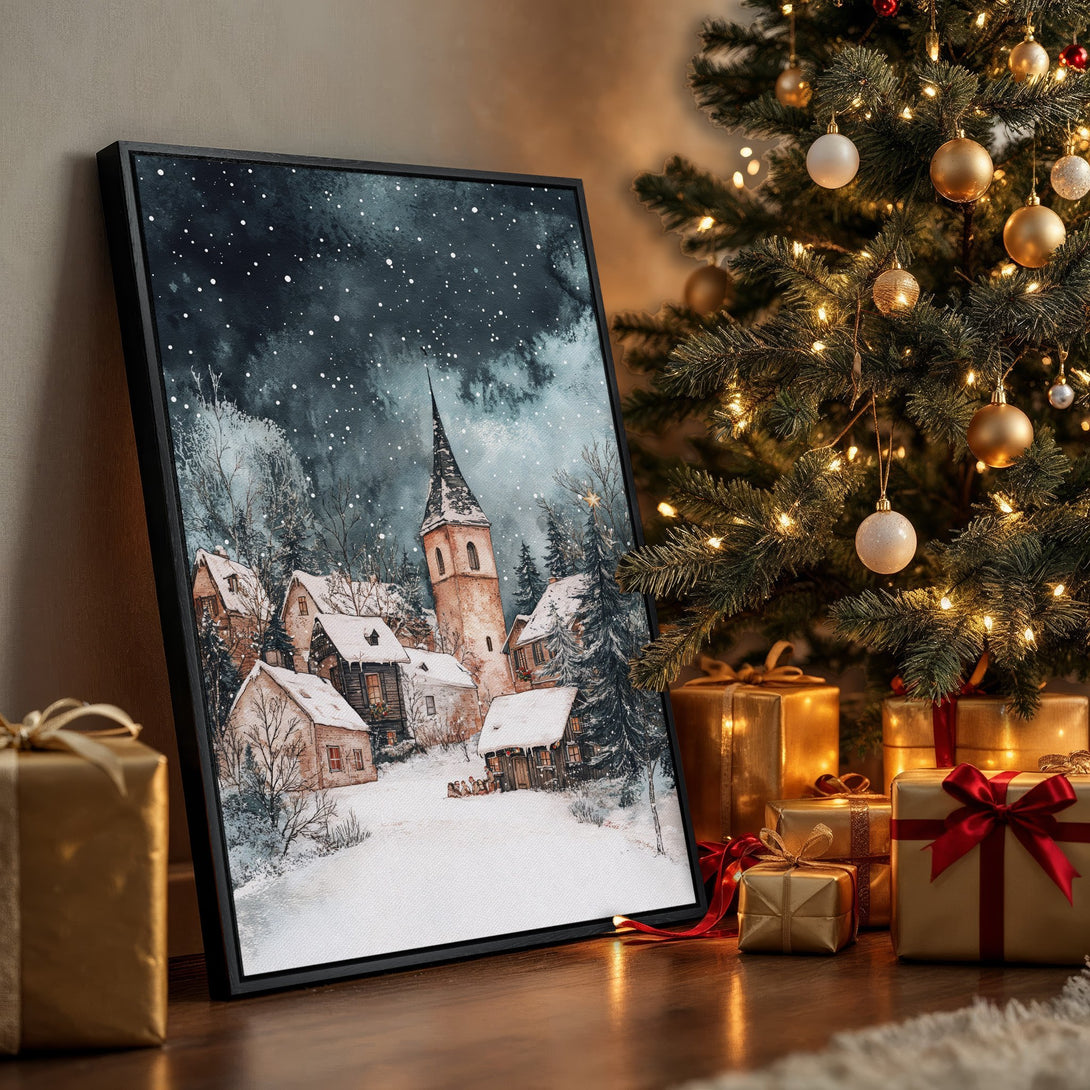 Framed Wall Art: Winter village scene in watercolor style. Features a snowy landscape with a muted blue and brown color palette, perfect for holiday decor.