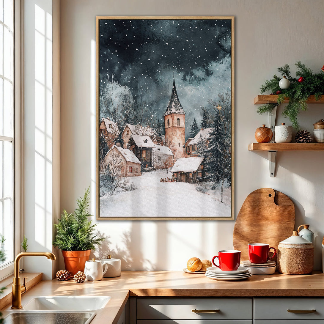 Framed Wall Art: Winter village scene in watercolor style. Features a snowy landscape with a church, in a cool blue and brown palette. Perfect for cozy decor.