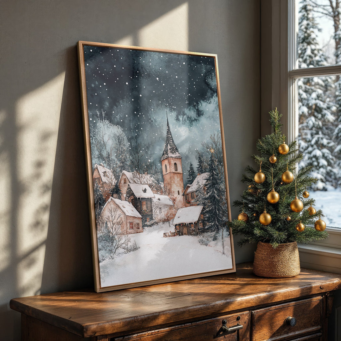 Framed Wall Art: Watercolor winter village scene in cool blues and browns. Perfect for cozy holiday decor. Add a touch of winter charm to your home!