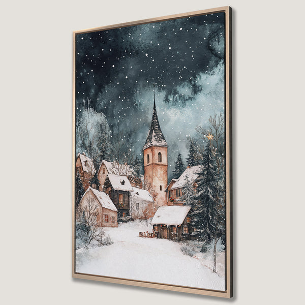 Framed Wall Art of a snowy village scene. Watercolor style, featuring a church and houses in a winter landscape. Blue, white, and brown color palette.