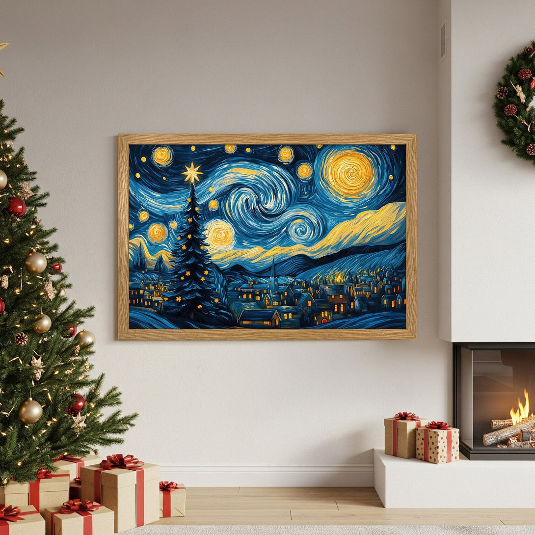 Framed Poster featuring a starry night scene with a Christmas tree, in a Van Gogh style, with a blue and yellow color palette.