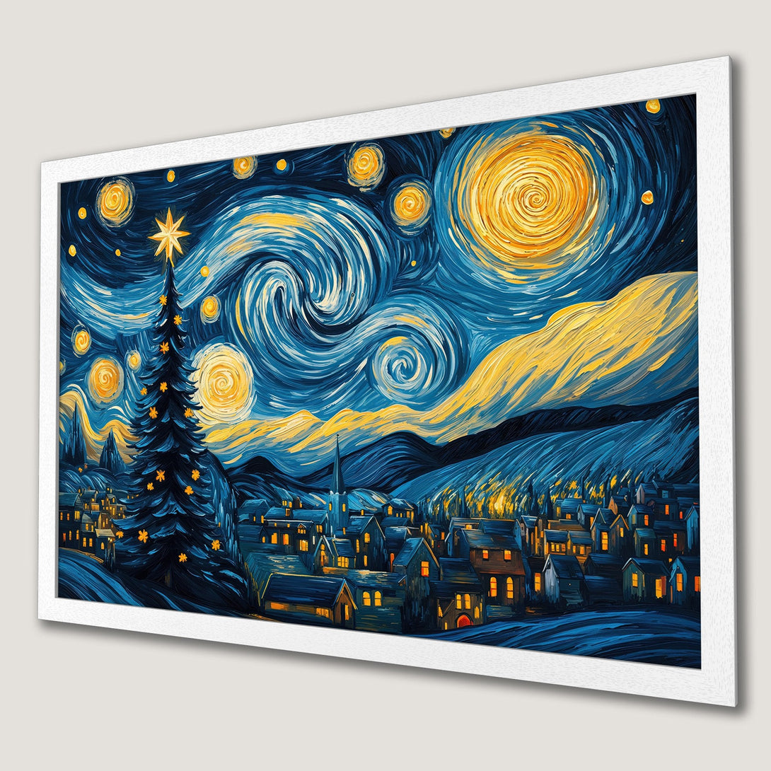 Framed Poster featuring a starry night scene with a Christmas tree, in a vibrant blue and yellow palette. Perfect wall art!