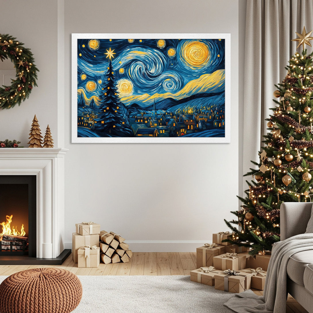 Framed Poster of a starry night Christmas scene in a Van Gogh style. Blue and gold color palette, perfect holiday decor.