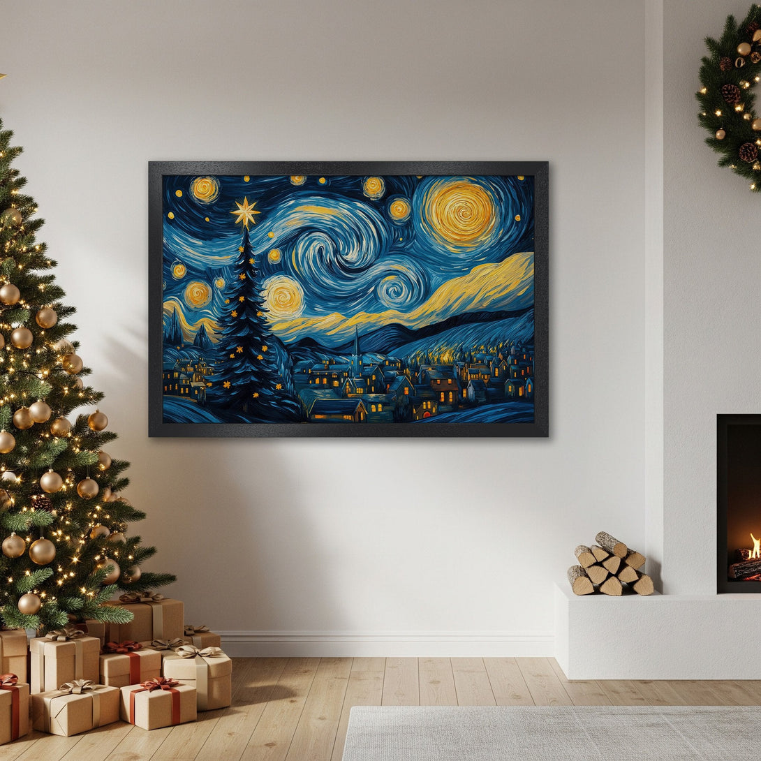 Framed Poster featuring a starry night scene in Van Gogh style, with blue, yellow, and white hues, perfect holiday decor.