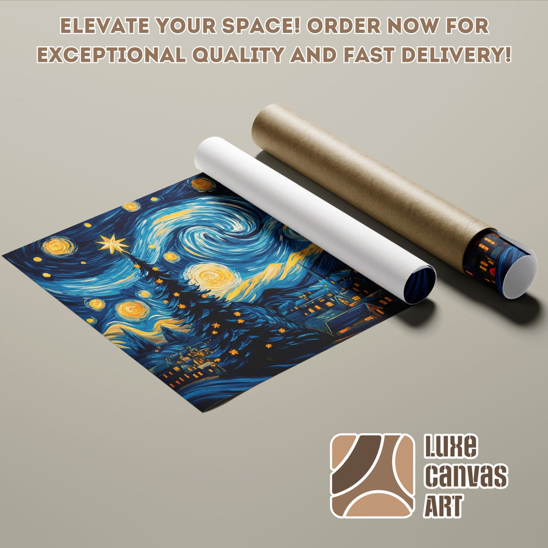 Poster Roll of Starry Night art print in blue and gold. Elevate your space!