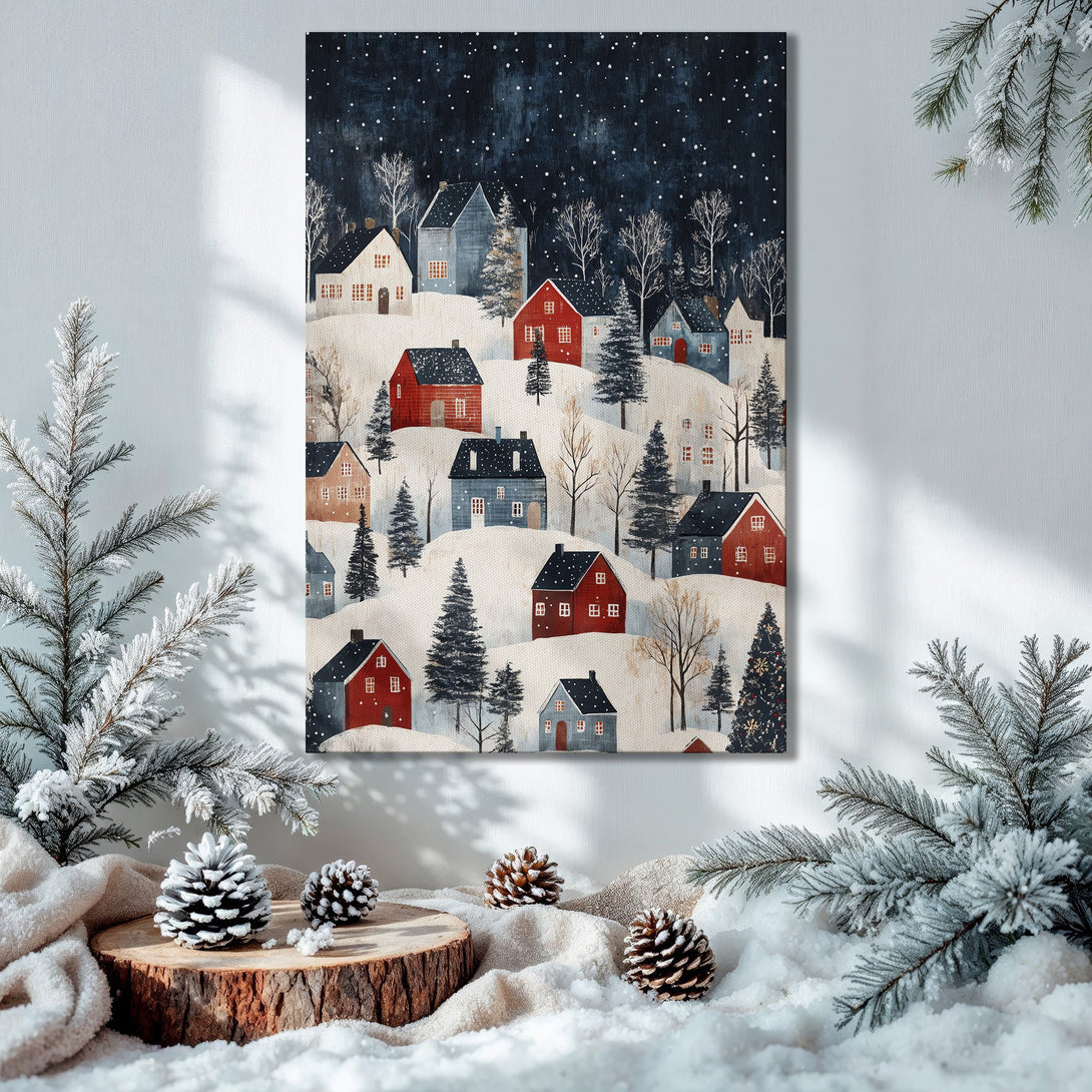 Framed Wall Art: Winter village scene with red and blue houses, snowy landscape. Cozy, whimsical style. Dark blue, red, and white color palette.