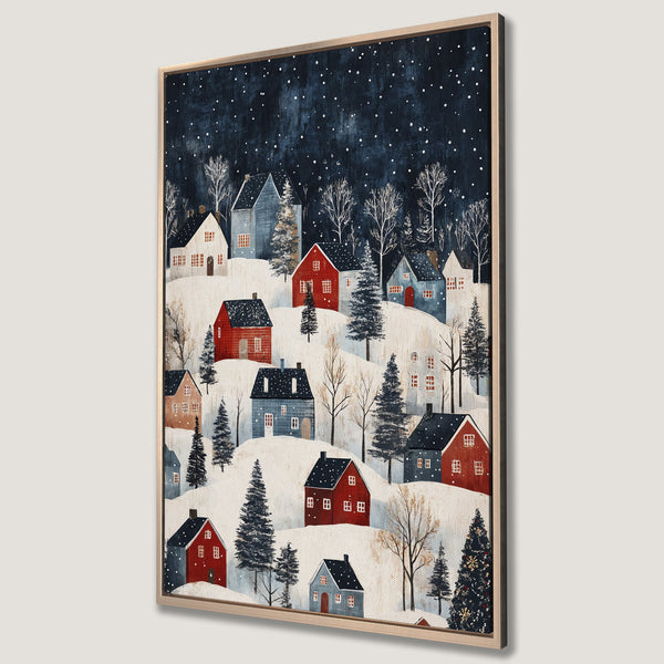 Framed Wall Art: Winter village scene with red and blue houses under a starry night sky. Cozy, whimsical style with a muted color palette. Perfect for holiday decor.