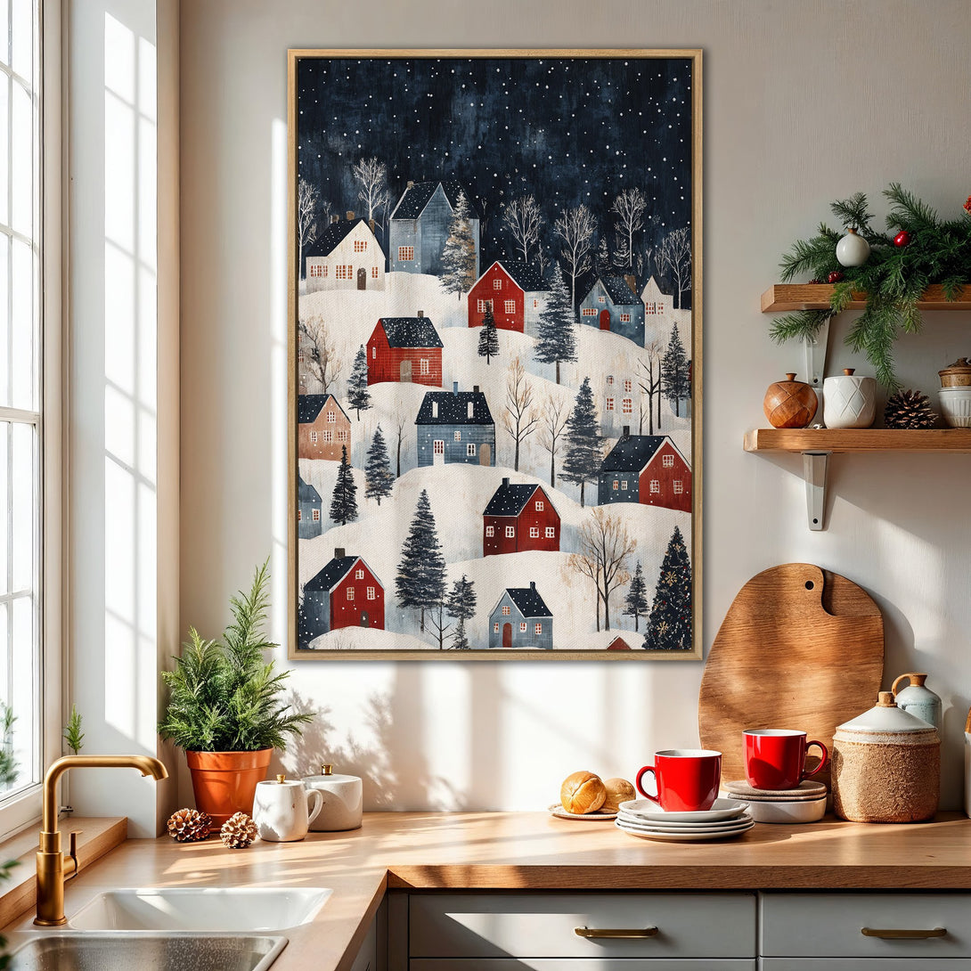 Framed Wall Art featuring a charming winter village scene. Rustic style with a cozy palette of red, blue, and white. Perfect for adding warmth to your home.