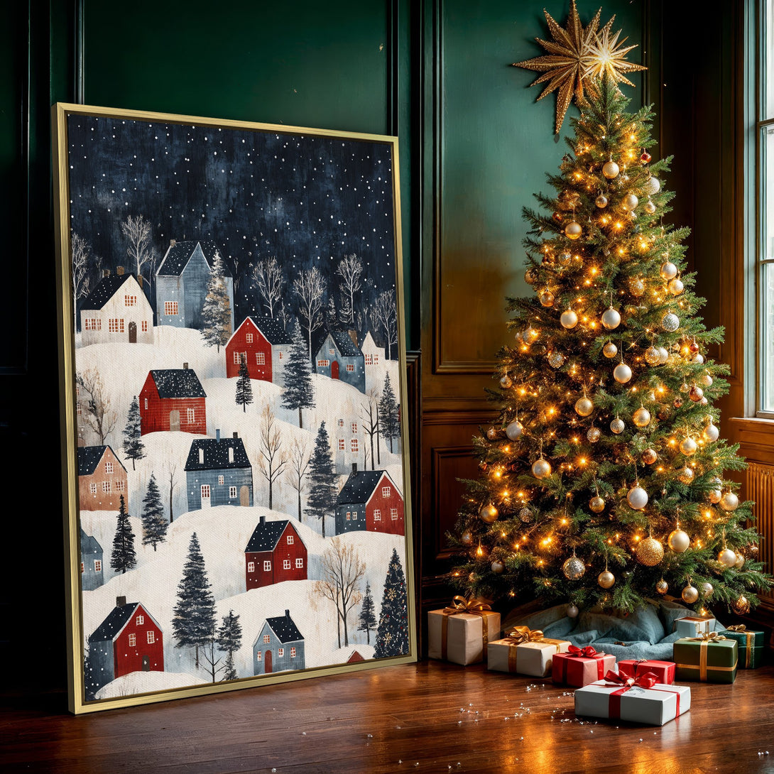 Canvas Print of a winter village scene in a whimsical style with a blue, red, and white color palette. Perfect for cozy holiday decor.
