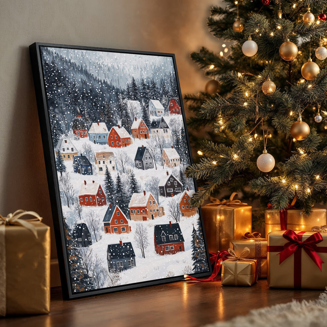 Framed Wall Art: Winter village scene canvas print with a cozy, painterly style in a warm, festive color palette. Perfect Christmas decor!