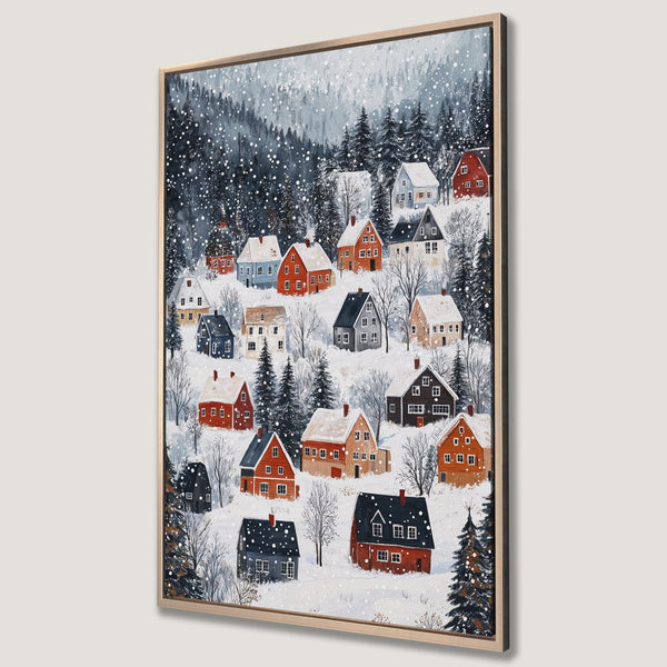 Framed Wall Art of a snowy village scene. Watercolor style with red, blue, and white houses nestled in a winter landscape. Perfect for cozy decor!