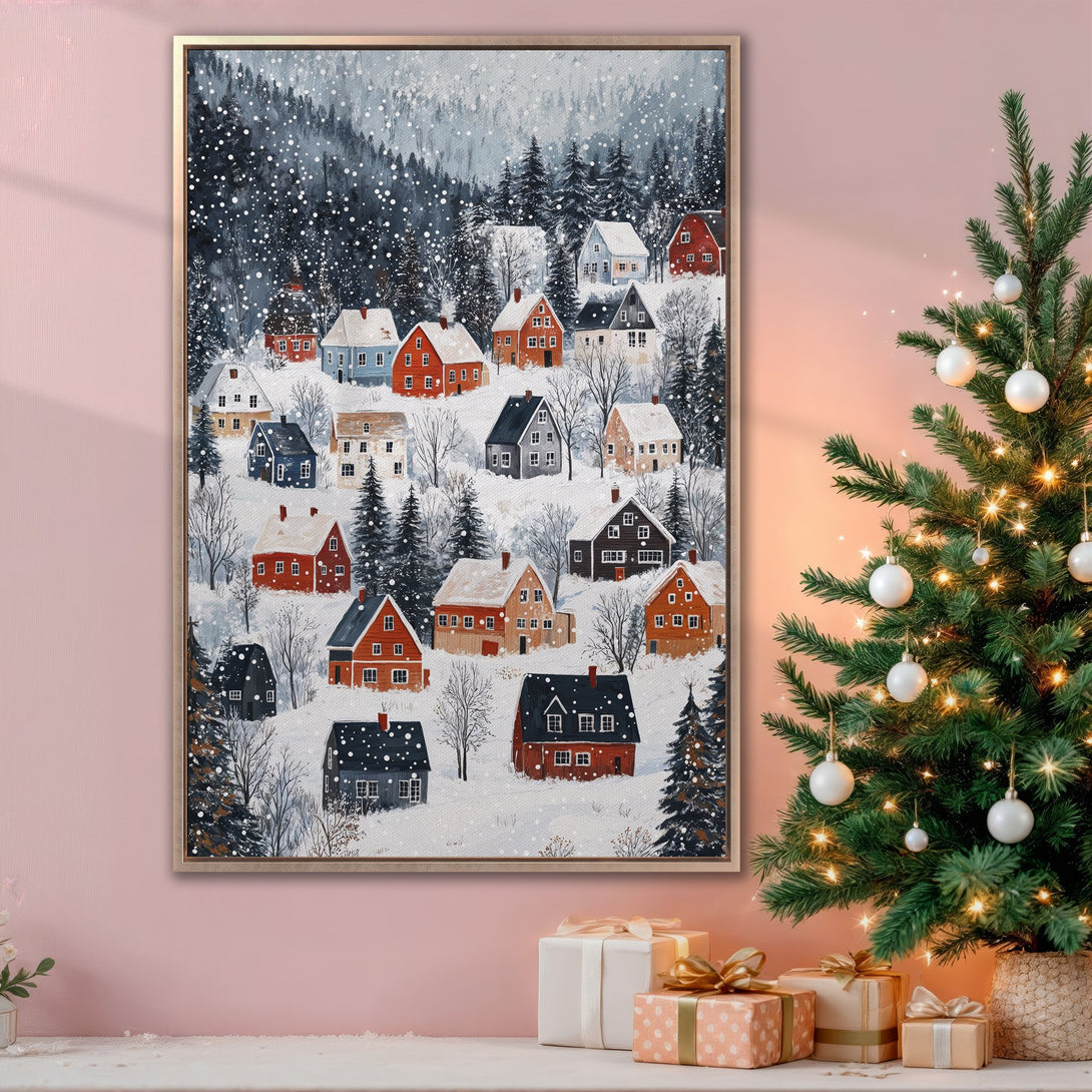 Framed Wall Art: Winter village scene with snow, red houses, and a cozy, warm color palette. Perfect for holiday decor!