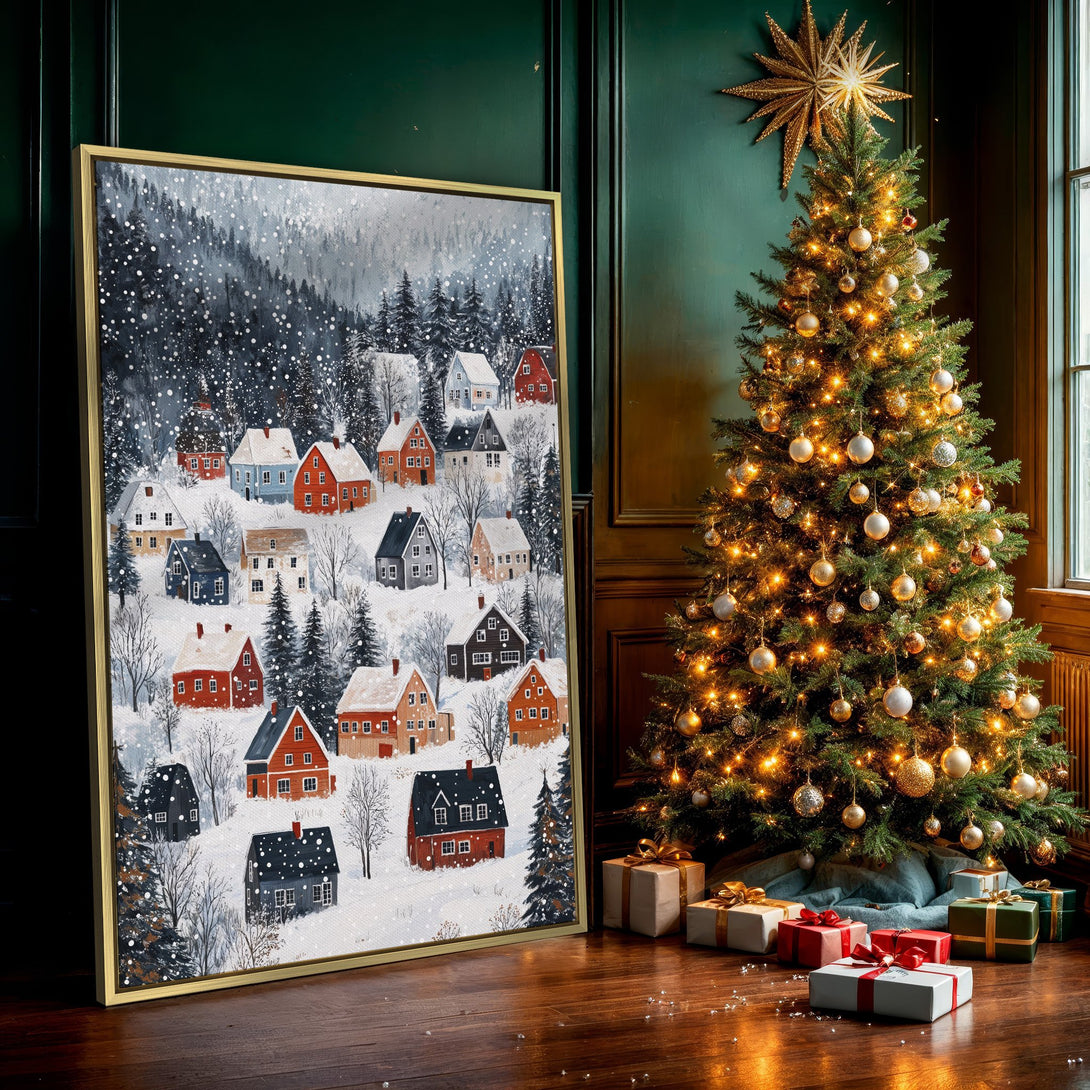 Canvas Print of a winter village scene with colorful houses, snowy landscape, and a cozy, whimsical style. Blue, red, and white color palette.