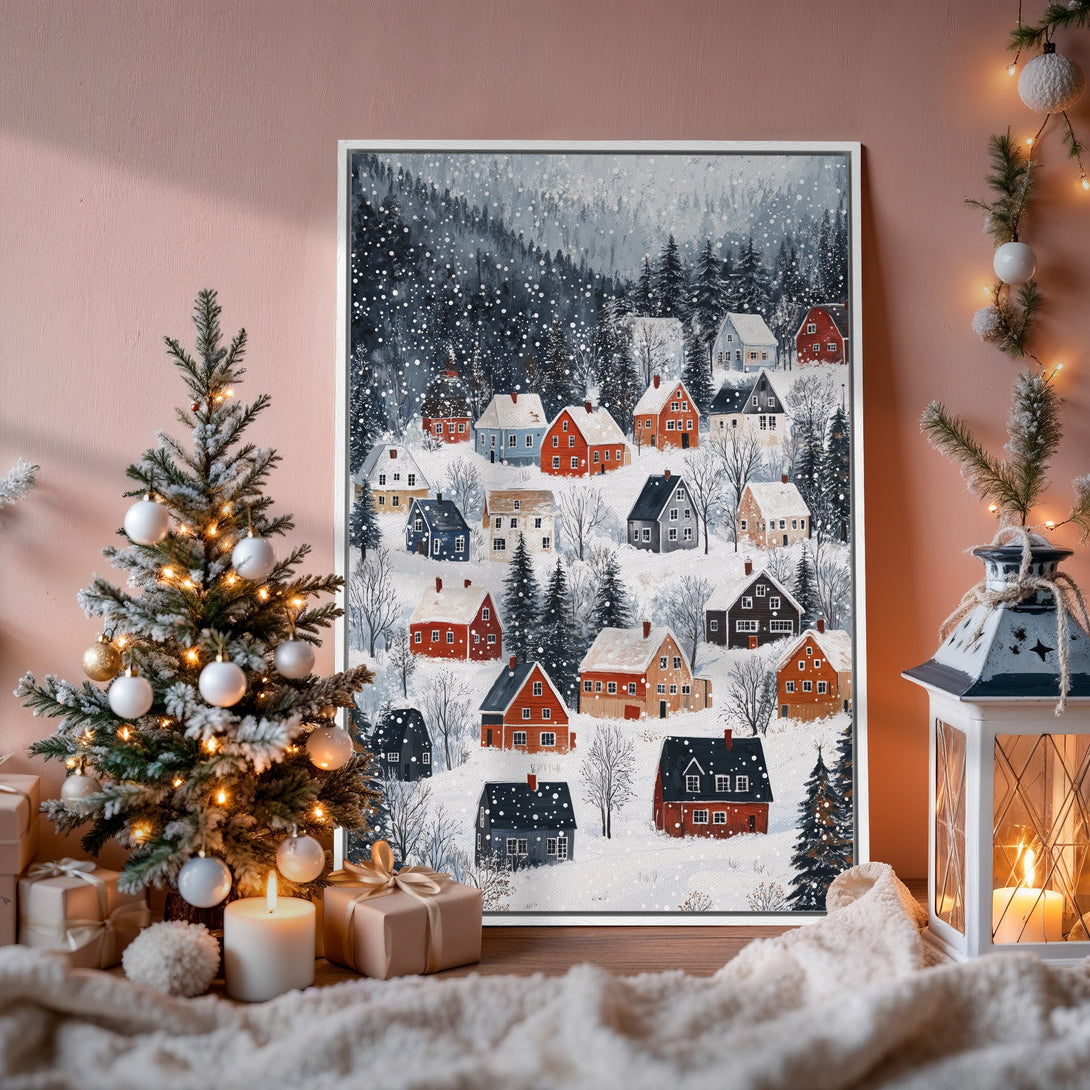 Framed Wall Art: Winter village scene in watercolor style with red, blue, and gray houses. Cozy holiday decor for your home.