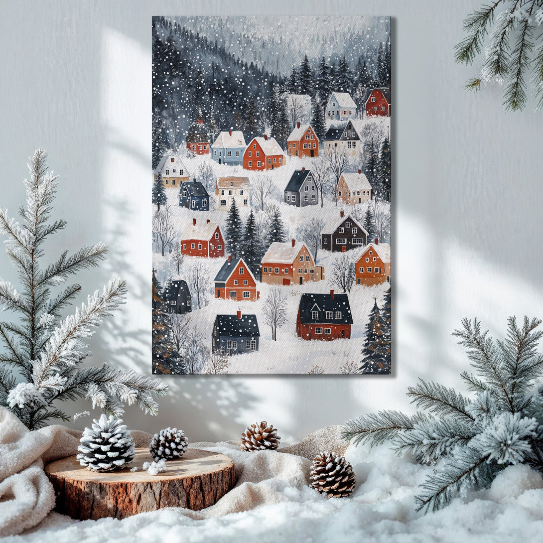 Framed Wall Art: Winter village scene in watercolor style with red, blue, and gray houses. Perfect holiday decor with a cozy, snowy aesthetic.