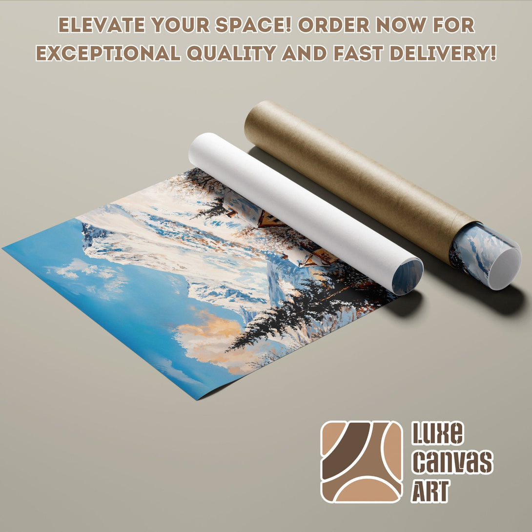 Mountain landscape Poster Roll art print, blue, white, and brown color palette. Order now!