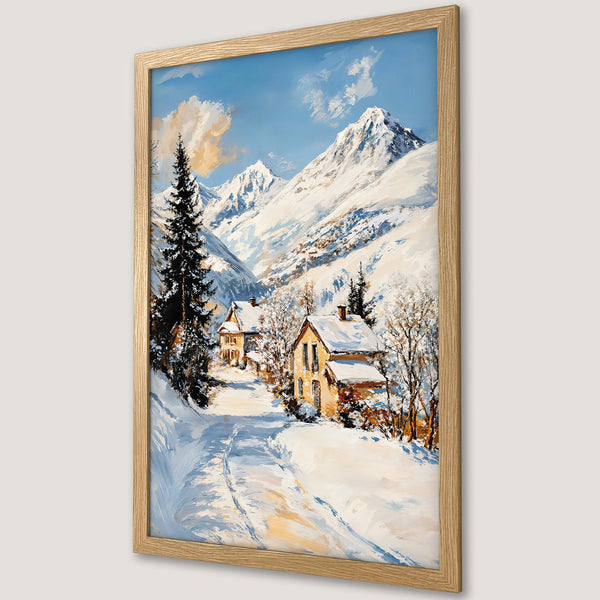 Framed Poster of a snowy mountain landscape painting in a warm color palette. Perfect wall art for your home!