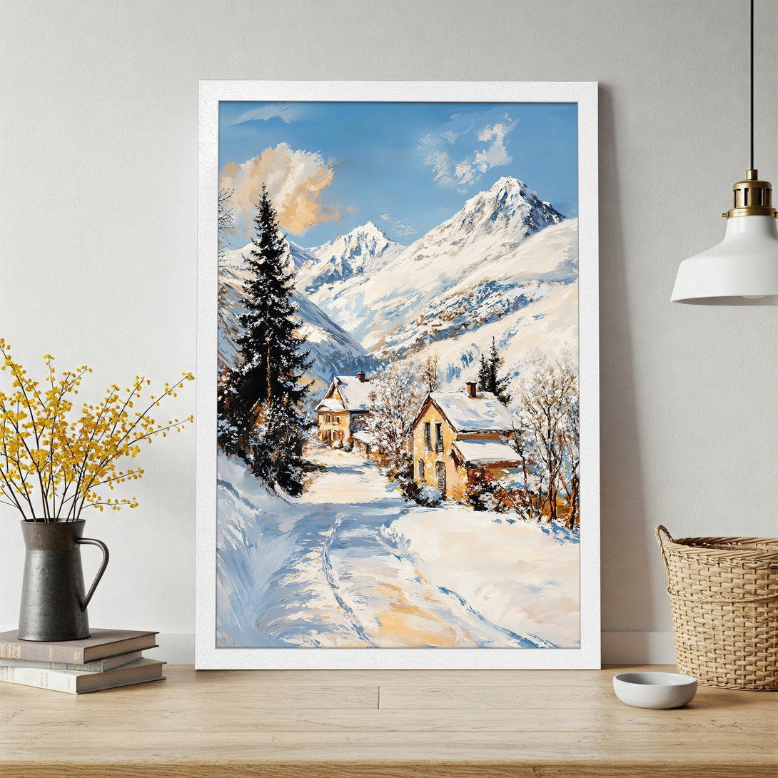 Framed Poster of a winter landscape painting. Features snowy mountains, cozy houses, and a cool blue and warm yellow color palette. Perfect wall art!