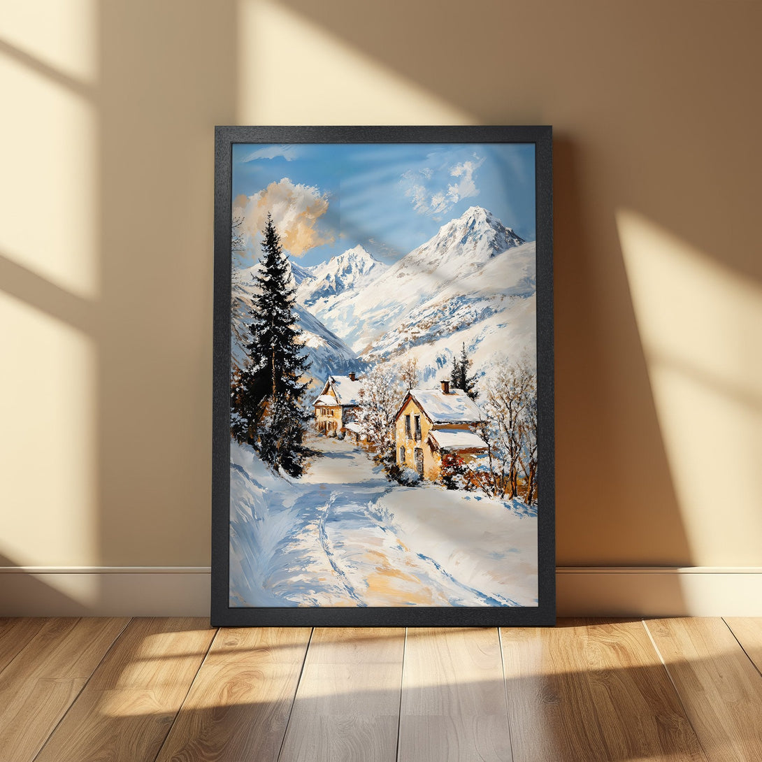 Framed Poster featuring a winter landscape painting. Classic style, with a cool blue and white color palette, perfect for home decor.