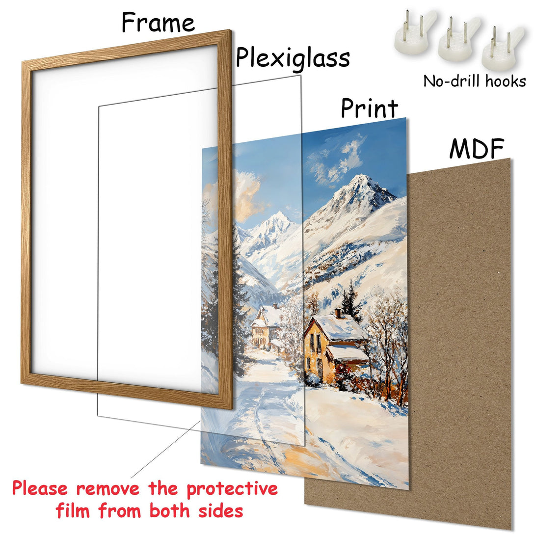 Framed Poster of a snowy mountain landscape. Beautiful winter art with a blue, white, and yellow color palette. Ready to hang!