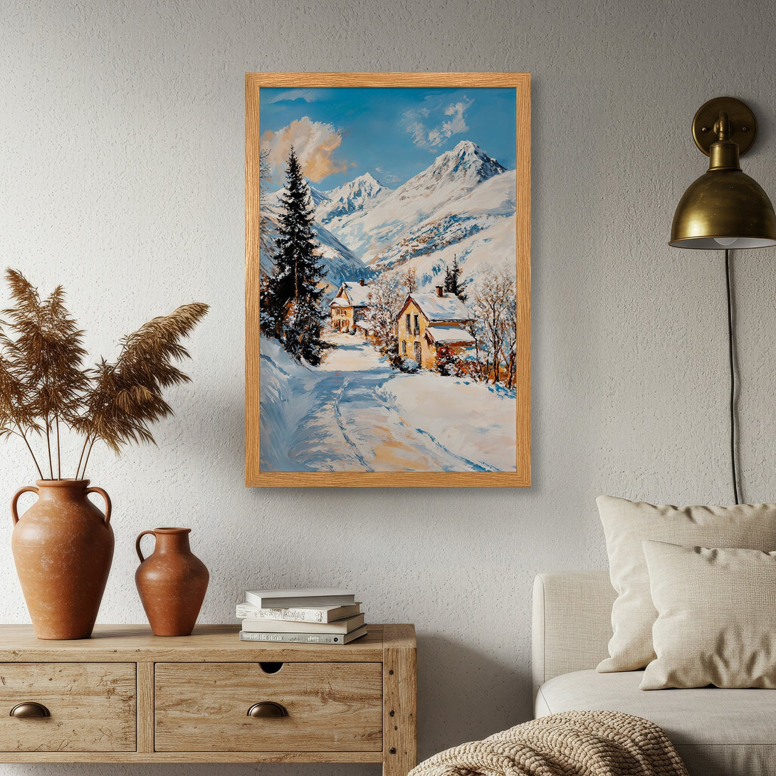 Framed Poster of a snowy mountain landscape in a warm, inviting style. Featuring a blue, white, and gold color palette. Perfect wall art.