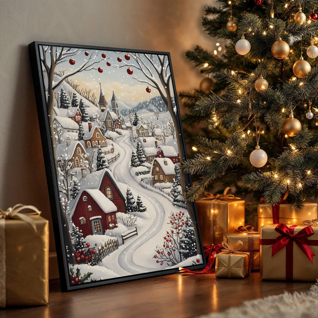 Framed Wall Art: Winter village scene canvas print with red, white, and blue hues, perfect for Christmas decor. Cozy, festive art for your home.