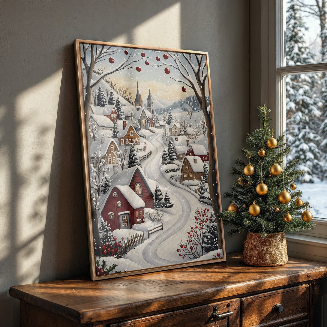 Framed Wall Art: Cozy winter village scene in a warm color palette. Perfect for adding a touch of holiday charm to your home decor. Shop now!