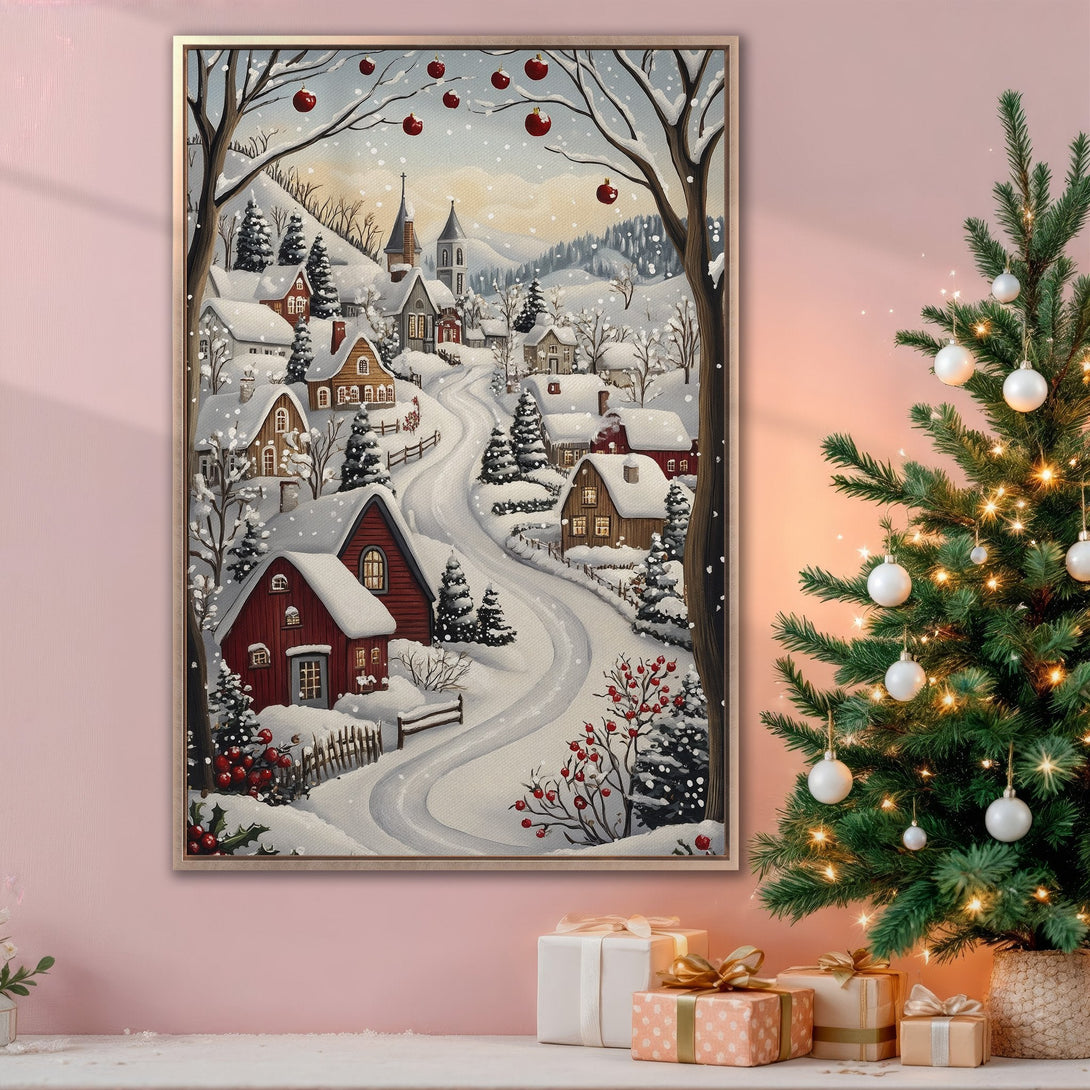 Framed Wall Art: Cozy winter village scene in a warm, inviting color palette. Perfect Christmas decor! Bring the holiday spirit home with this beautiful canvas print.