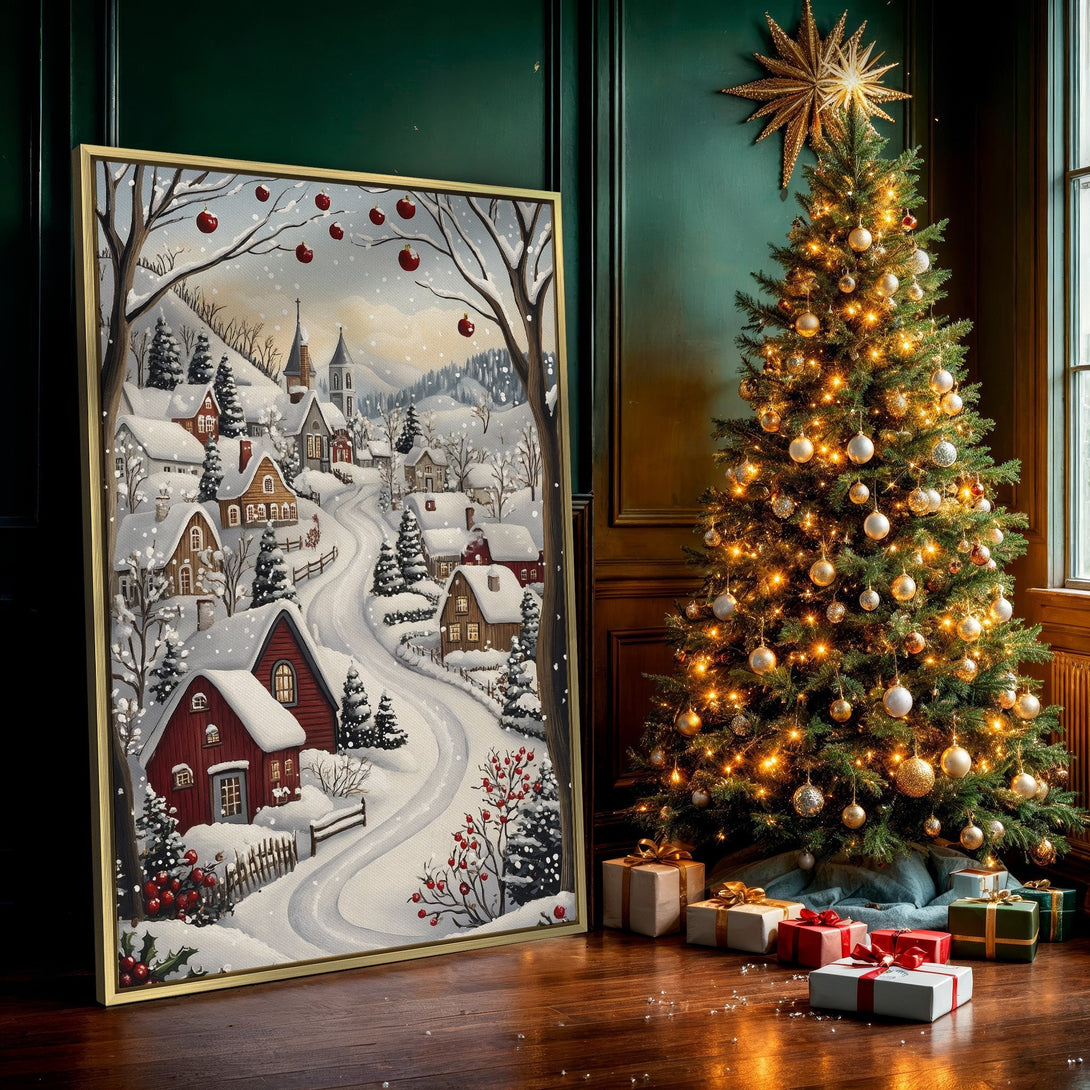 Canvas Print of a charming winter village scene, painted in a whimsical style with a cozy red, white, and brown color palette.