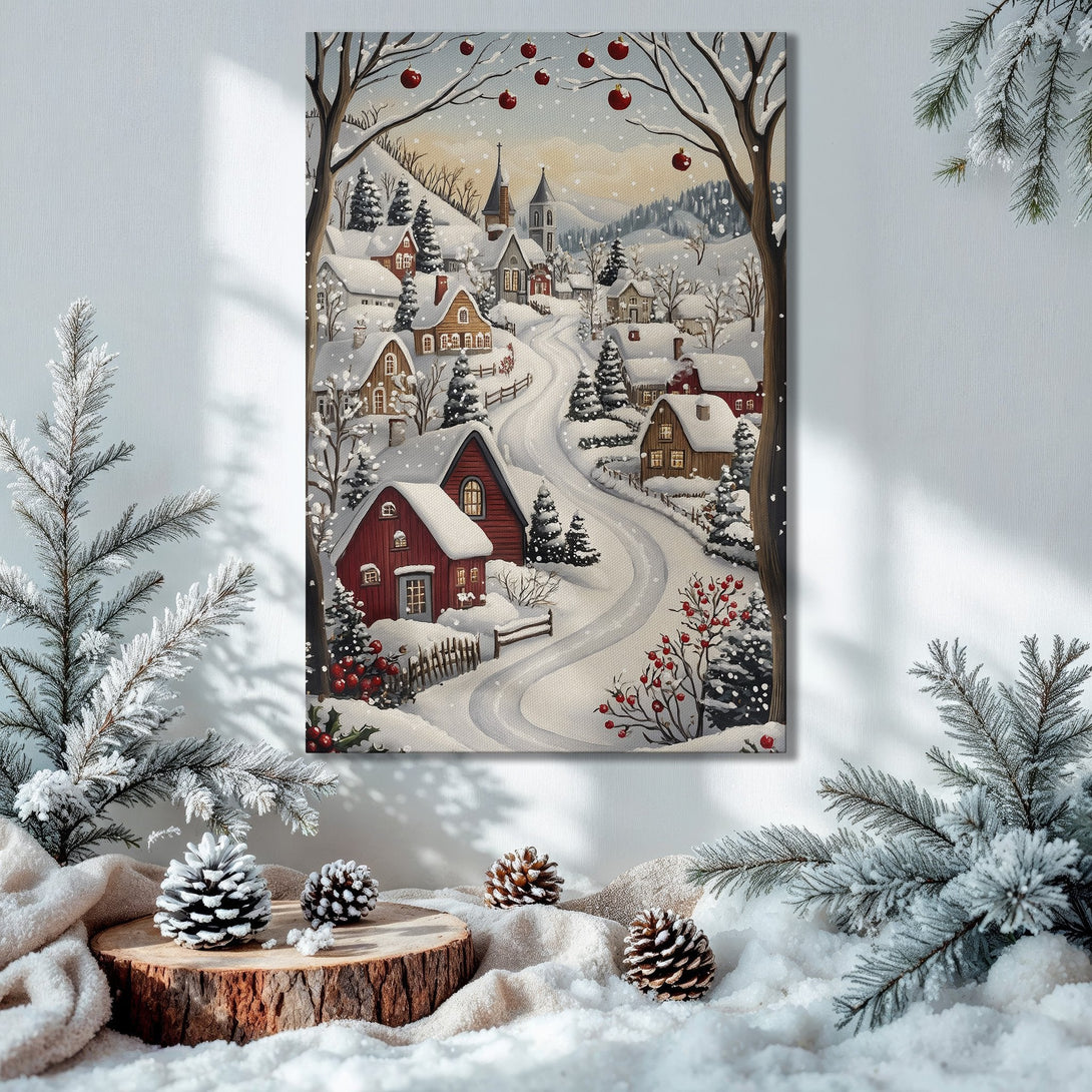 Framed Wall Art: Winter village scene in a cozy interior. Rustic style, featuring a snowy landscape with red accents and a warm color palette.