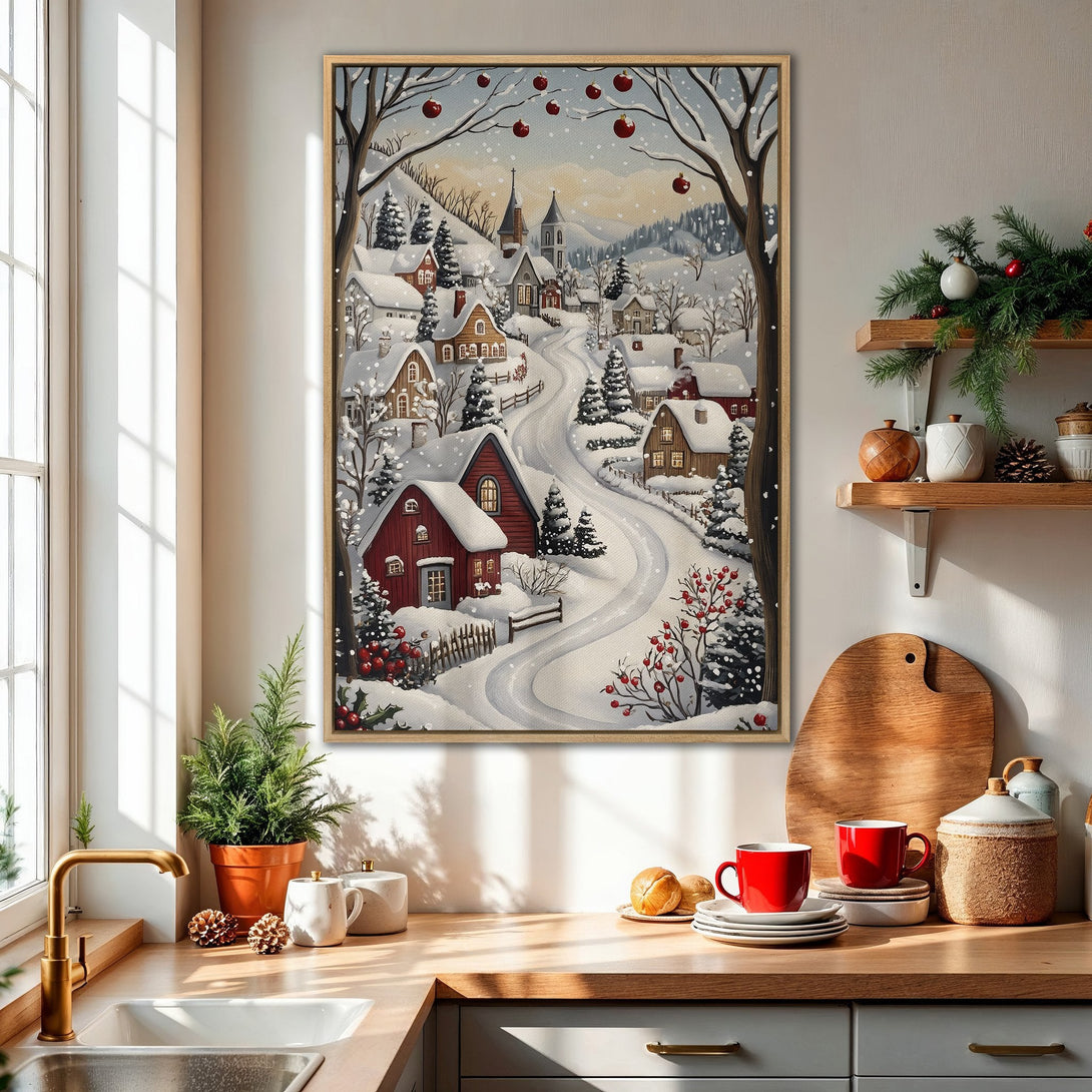 Framed Wall Art: Winter village scene in a cozy kitchen. Features a snowy landscape with red accents, perfect for adding warmth to your home decor.